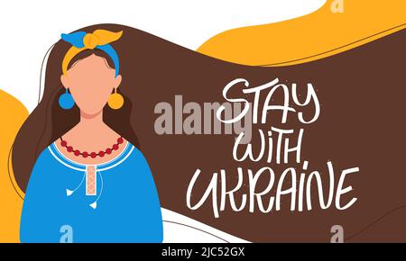 Ukrainian woman in national dress. Stay with Ukraine lettering concept. Banner in colors of the flag. Stop war and protect peace. Vector illustration Stock Vector