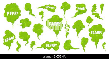 Stinky smelling smoke set. Fart cartoon bad odor cloud. Green stench vapor with text. Toxiz aroma fog. Vector illustration Stock Vector