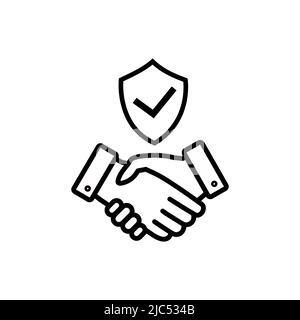 Handshake and shield icon. Business agreement with check mark and protect secure sign. World partnership symbol. Vector isolated on white. Stock Vector