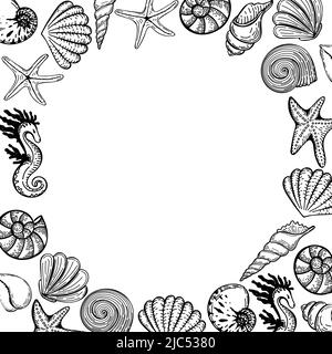 A frame of hand-drawn sea creatures. Seashells, starfish and seahorse. Hand drawn vector illustration. Vector is hand-drawn doodle in sketch style Stock Vector