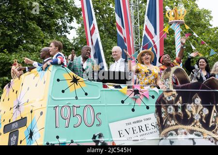 5th June 2022 - British celebrities take part on an open top theme bus as part of Queen Elizabeth's Platinum Jubilee Pageant on the Mall in London, UK Stock Photo