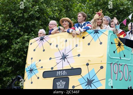 5th June 2022 - British celebrities on an open top bus in the Mall, London during Queen Elizabeth's Platinum Jubilee Pageant Stock Photo