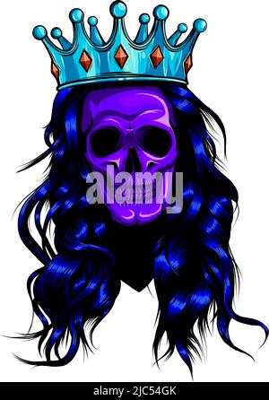 Female skull with a crown and long hair. Vector illustration. Stock Vector