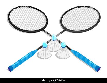 Isometric set of shuttlecocks and rackets for sport game of badminton. Sports equipment. Active holidays on beach and nature. Cartoon vector isolated Stock Vector