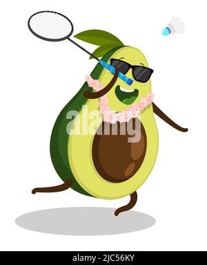 Cheerful avocado fruit playing badminton. Delicious and wholesome foods, vegetables and fruits. Healthy lifestyle. Cartoon vector isolated on white ba Stock Vector