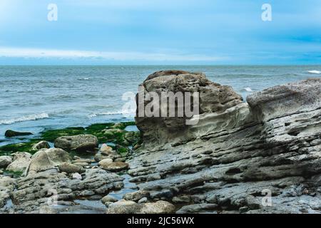 coast of the Caspian Sea with coastal rocks and stones covered with algae Stock Photo