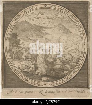 Fifth day of creation: God creates fish and birds so that the water teems with living creatures and birds fly across the sky. In medallion with inscription in Latin from Genesis 1, within rectangular frame, Fifth day of creation: God creates fish and birds From creation to expulsion from paradise (series title), print maker: Nicolaes de Bruyn, (mentioned on object), Maerten de Vos, (mentioned on object), Netherlands, 1581 - 1656, paper, engraving, h 135 mm × w 124 mm Stock Photo