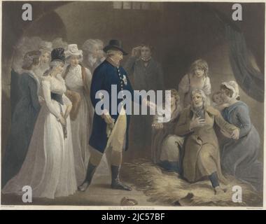 George III, King of Great Britain and Hanover, visits the prison at Dorchester with the royal family. He donates money to an old man kneeling in the straw with his wife and their three daughters. George III visits Dorchester Prison with his family Royal Beneficence , print maker: Charles Howard Hodges, (mentioned on object), after: Thomas Stothard, (mentioned on object), publisher: Charles Howard Hodges, (mentioned on object), London, 1793, paper, h 490 mm × w 598 mm Stock Photo