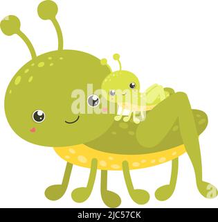 Cute Grasshopper Clipart Isolated on White Background. Funny Clip Art Grasshopper with Baby. Vector Illustration of an Insect for Coloring Pages Stock Vector