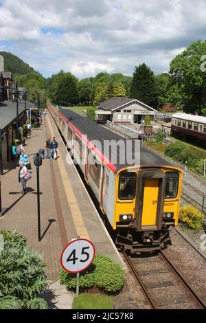 Transport for Wales Sprinter diesel multiple unit at Betws-y-Coed station on 7th June 2022 with an ordinary passenger service to Blaenau Ffestiniog. Stock Photo