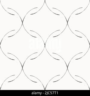 Grunge Roman Ogee abstract vector seamless pattern background with retro net texture. Neutral black white geometric backdrop. Fine brush stroke Stock Vector