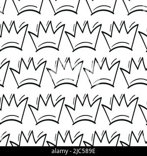 Seamless pattern with Crown. Black and white graffiti background. Doodle vector illustration. Queen royal princess symbol. Outline design for drawing Stock Vector