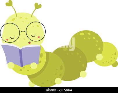 Cute Caterpillar Clipart Isolated on White Background. Funny Clip Art Caterpillar Reading a Book. Vector Illustration of an Animal for Coloring Pages Stock Vector