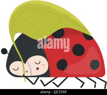 Ladybug Clipart in Cute Cartoon Style Beautiful Clip Art Ladybug Sleeps under a Leaf. Vector Illustration of an Animal for Prints for Clothes Stock Vector