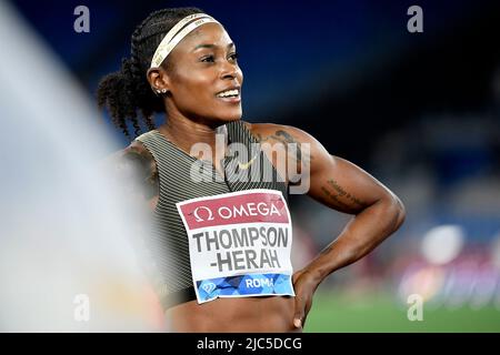 Elaine Thompson-Herah of Jamaica reacts after compete in the 200m women during the IAAF Diamond League Golden Gala meeting at Olimpic stadium in Rome Stock Photo