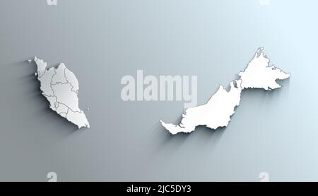 Country Political Geographical Map of Malaysia with States with Shadows Stock Photo