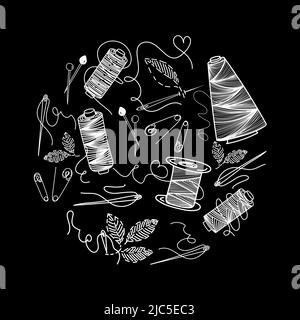 Set of sewing thread, hand-drawn doodles in sketch style. Elements in a circle on a black background. Cross-winding of thread. Needle and pins. Needle Stock Vector