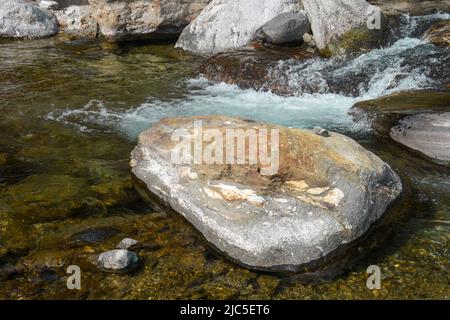 Himalayan mountain river, amazing landscape of nature. Pure clear water moves among large stones