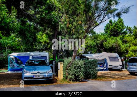 Canet-en-Roussillon, France,  camping holiday family, Le Brasilia, 4 St-ars, Tents near Beach, Parking, Stock Photo