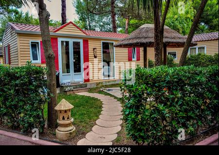 Canet-en-Roussillon, France,  camping holiday family, Le Brasilia, 4 St-ars, Cottage near Beach, Okavango Village, Building Stock Photo