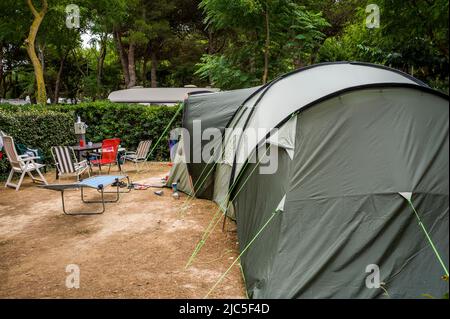 Canet-en-Roussillon, France, camping holiday family, Le Brasilia, 4 St-ars, Tents near Beach, Okavango Village Stock Photo