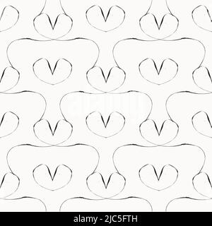Abstract heart rhythm seamless vector pattern. Brush stroke fine painterly background. Cardiogram backdrop with hearts Neutral black white line art Stock Vector