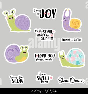 Set of stickers cute snails. Decorative snail characters on rainbow ...