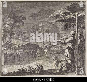 A landscape during a cloudburst. People are running around seeking shelter from the rain. In the foreground a man, a woman and a dog under a shelter, Emblem: rain Landscape during a cloudburst, print maker: Caspar Luyken, print maker: Jan Luyken, publisher: Christoph Weigel, Neurenberg, c. 1700, paper, etching, h 108 mm × w 124 mm Stock Photo