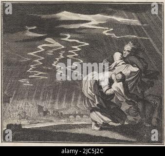 A landscape during a thunderstorm. It is raining and lightning. In the foreground some travelers trying to protect themselves from the rain and wind. In the background a town, emblem: thunderstorm Landscape during a thunderstorm, print maker: Caspar Luyken, intermediary draughtsman: Jan Luyken, publisher: Christoph Weigel, Neurenberg, c. 1700, paper, etching, h 108 mm × w 124 mm Stock Photo