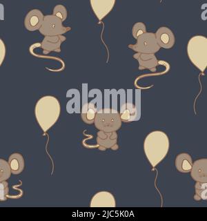 Seamless repeat vector pattern with mouse and balloons on dark blue background. Cute animal wallpaper design for children. Stock Vector