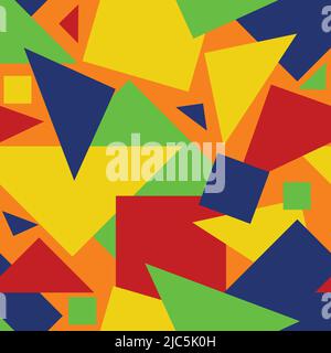 Seamless vector pattern with geometrical shapes on oranges background. Colourful fun kids wallpaper design with squares and triangles. Stock Vector