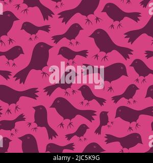 Seamless vector pattern with bird silhouettes on purple background. Cute animal wallpaper design. Sparrow fashion textile. Stock Vector