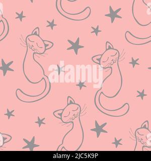 Seamless vector pattern with cat on pink background. Bedroom wallpaper design with sleeping kittens and stars. Baby shower fashion textile. Stock Vector