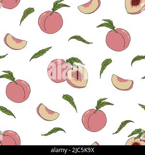 Seamless vector pattern with hand drawn peaches on white background. Simple tasty apricot wallpaper design. Decorative healthy food fashion textile. Stock Vector