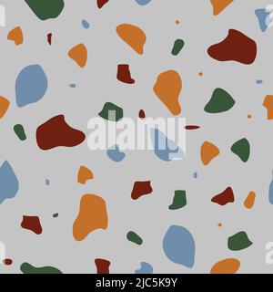 Seamless vector pattern with mosaic gird texture on grey background. Artistic terrazzo wallpaper design. Decorative pebble stone fashion textile. Stock Vector
