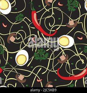 Seamless vector pattern with noodle soup ingredients on black background. Healthy food wallpaper design with egg, hot chillies and mushrooms. Stock Vector