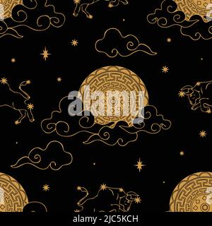 Seamless vector pattern with gold zodiac moon on black background. Astrology sky wallpaper design. Taurus horoscope fashion textile. Stock Vector