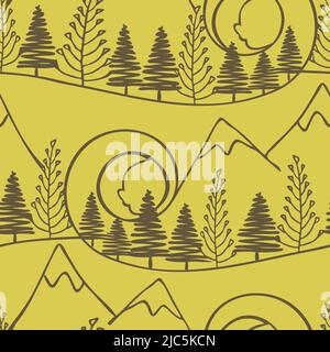Seamless vector pattern with forest landscape on yellow background. Simple outdoors line art wallpaper design. Stock Vector