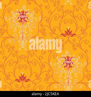 Seamless vector pattern with phoenix and lotus flower on yellow background. Beautiful curved lines wallpaper design with birds. Stock Vector