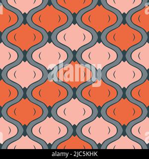 Seamless vector pattern with mosaic repeat texture on grey background. Geometric wavy grid wallpaper design. Decorative modern fashion textile. Stock Vector