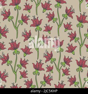Seamless vector pattern with pink lily's on light pink background. Romantic floral wallpaper design. Vintage fashion textile. Stock Vector