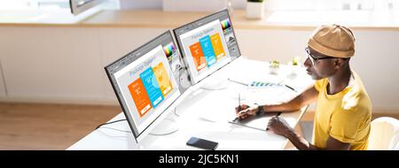 Close-up Of A Male Designer Working On Multiple Monitors At Workplace Stock Photo