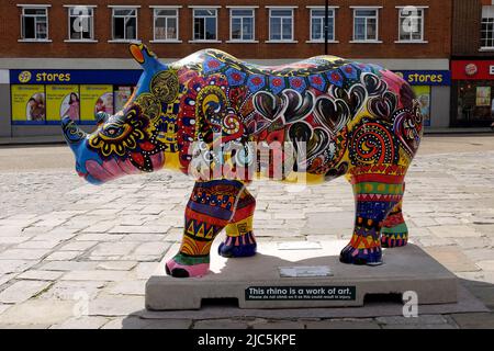 Southampton UK - 15 July 2013 - locally decorated Rhino sculptures on display in Southampton to raise awareness of the plight of Rhinos in the wild be Stock Photo