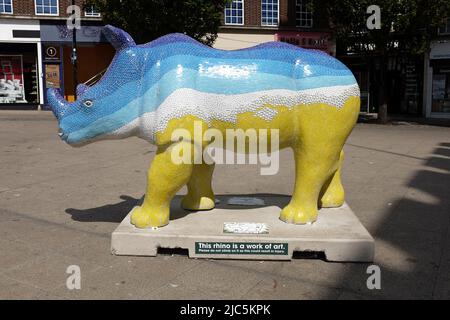 Southampton UK - 15 July 2013 - locally decorated Rhino sculptures on display in Southampton to raise awareness of the plight of Rhinos in the wild be Stock Photo