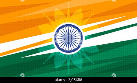 Independence Day of India. 15th of August. Vector illustration of Indian flag colors background with halftone pattern and abstract flower for your des Stock Vector