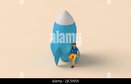 Business start up concept. Character with a rocket. 3D Rendering Stock Photo