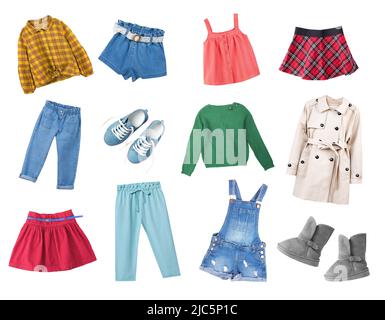 Child's colorful clothes set isolated on white.Kid's fashion apparel collection. Bright baby girl clothing.Little girl wear collage. Stock Photo