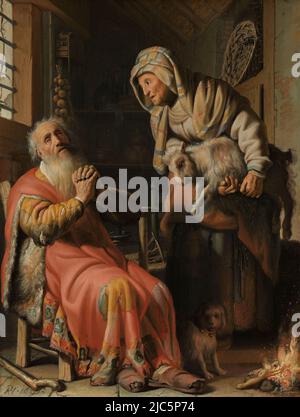 Tobit and Anna with the Kid, Rembrandt van Rijn, 1626 oil on panel, h 39.5cm × w 30cm Stock Photo