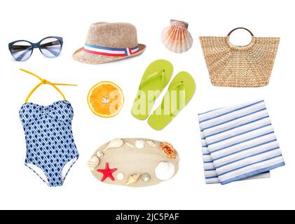 Summer items isolated on white, beach objects set.Vocation and tourism.Assortment of travel things. Stock Photo
