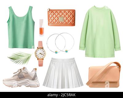 Spring summer female clothes set isolated on white. Green orange colors women clothing. Fashion light apparel collection. Collage of girl's wear. Stock Photo